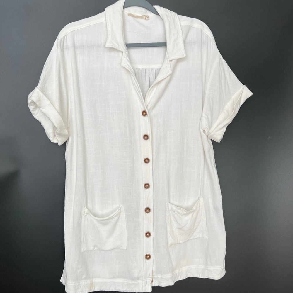 Millibon White Linen Blend Button Down Short Sleeve Tunic Shirt Womens Large
